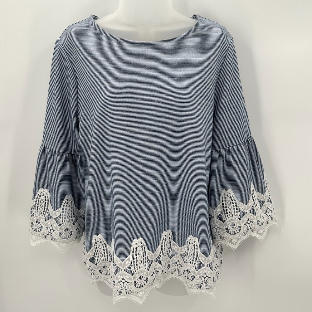 Chicos Top Women’s M 8 Chico’s 2 Blue White French Stripe Lace Bell 3/4 Sleeves